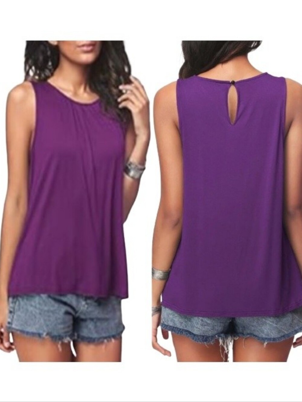 Purple Sleeveless Blouse Scoop Neck Pleats Stretch Solid Lightweight Casual